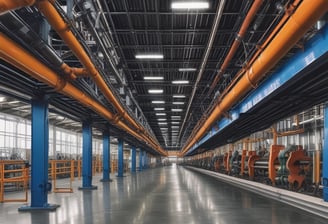A close-up view of industrial pipes and valves against a background of blue panels. The metal fittings are prominently displayed, showing signs of usage and exposure. The image focuses on the mechanical components, illustrating the intricacy of industrial systems.