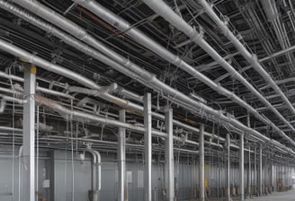 A close-up of an industrial structure featuring metal pipes and a series of metal stairs. The design is intricate with vertical and horizontal lines creating a grid-like pattern. The pipes curve smoothly, contrasting with the rigid, straight lines of the staircase railings.