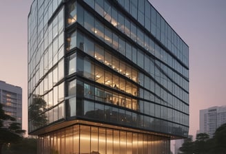 The image features the facade of a modern office building with a clean, geometric design. It is constructed with a combination of red brick and large glass panels, and there is a prominently displayed sign for Tata Consultancy Services in blue. Trees partially frame the view, and a lamppost is visible at the foreground.