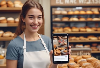 The focus is on a computer screen displaying an online store featuring T-shirts with various graphic designs. The left side of the image is blurred, showing indistinct colors and shapes, possibly a menu or food items.