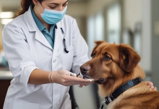 A pet store window display featuring various pet products such as scratching posts, pet food, and toys. The signage above the window has a playful design with colorful letters and a cat face within a letter. There is a poster on the door advertising a promotion. The weather appears overcast with some reflections on the wet pavement.