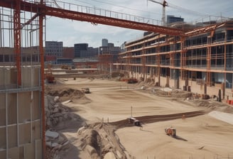 A bustling construction site surrounded by greenery, with metal beams and columns in various stages of assembly. Two large cranes, one black and another orange, are positioned prominently, aiding in the construction efforts. In the background, a residential building with red and white patterns is visible beyond a line of trees.