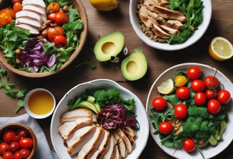 Rows of black meal prep containers are filled with cooked sweet potatoes and slices of turkey, arranged neatly. The containers are placed on a large surface in what appears to be a commercial kitchen setting.