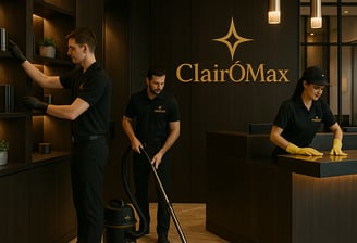Employés de ClairÔMax nettoient un bureau professionnel avec du matériel adapté