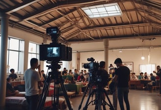 Two men are engaged in a video production setting. One man operates a professional camera and monitors the footage on a screen, while the other appears to be holding a smartphone, possibly assisting or recording as well. The background features photography equipment, including a large softbox light and a tripod.