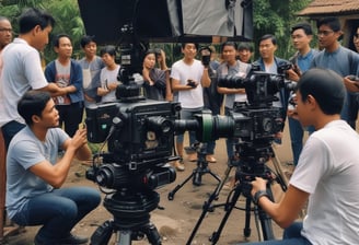 A group of people are involved in a filmmaking or video production setting. One person is holding a professional camera setup, complete with a monitor and various accessories. They appear focused on the camera's screen. In the background, there is a black backdrop, a bookshelf, and some lighting equipment.