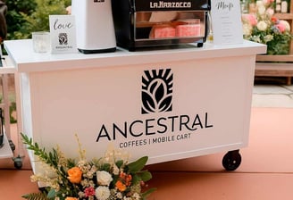 Ancestral on Wheels mobile coffee cart set up for a specialty coffee experience at an event in NY