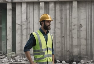 Two construction workers wearing safety vests and helmets walk past a construction site. A sign on the fence reads, 'TEAM WORKS! NO TO ACCIDENT YES TO SAFETY!!!' The background includes a building with blue and yellow exterior colors.