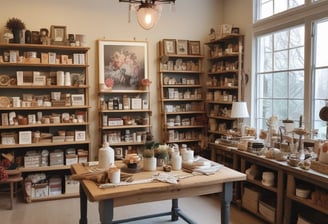 A market stall displays various handmade crafts, including woven baskets, intricate macramé wall hangings, and embroidered hats. The setting is rustic, with wooden beams and ambient lighting, creating a cozy and artisanal atmosphere.