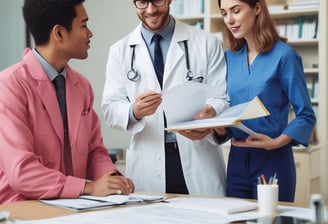 A pharmacist in a white coat talks to a customer in a pharmacy. Shelves filled with various medications are visible in the background. The pharmacist is holding a prescription bottle and appears to be explaining something to the customer, who is smiling and attentively listening.