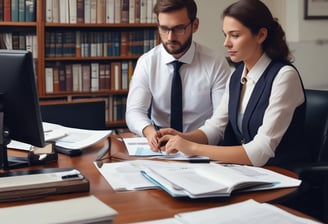 A professional consultation setting with a medical professional sitting at a desk facing a client. The room has a modern aesthetic with white walls decorated with framed certificates. The desk is organized with office supplies, a laptop, and a fruit bowl in the center.