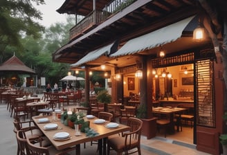 A pizza restaurant is partially visible, with its sign in the background. A large tree with dense, leafy vines occupies the right side of the image, casting shadows on the building. The setting appears to be outdoors, featuring a mix of natural and urban elements.