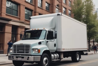 a truck with a white boxy truck in the middle of a city