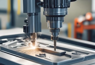 A close-up view of a metal engine component with precise circular and rectangular cutouts. The surface is polished and reflects light, while in the background, there appears to be industrial machinery and protective wrapping.