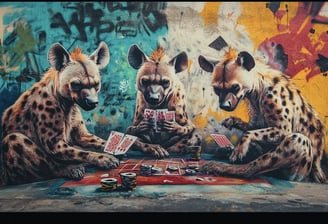 three hyenas playing cards in front of a graffiti style wall