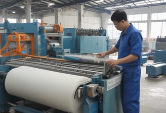 A large industrial food processing setup with a metal container holding a significant amount of pasta. A worker in a white uniform and hairnet is seen from the back, attending to the machinery or pasta. The environment appears to be a clean industrial kitchen.