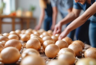 A person in a red shirt is manually operating a machine used for processing or handling leaves or fibrous plants. The machine is positioned beside a building with a corrugated metal wall. In front of the machine, there is a pile of green plant material on the ground.