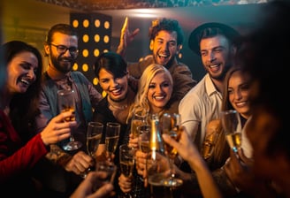Smiling group of friends clinking champagne glasses at a lively downtown crawl Las Vegas bar during a DTLV Crawl.