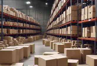 A large pile of cardboard boxes and packaging materials, including some metal containers and plastic items, appears to be discarded in a narrow space. Some of the boxes have visible brand labels and there are various shapes and sizes of packaging.
