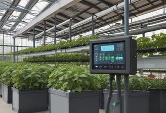 A large indoor hydroponic farm with rows of healthy green plants growing in white containers. The setup includes numerous overhead lights and support structures with reflective walls to enhance lighting. Ventilation ducts and power lines are visible, indicating a controlled environment.