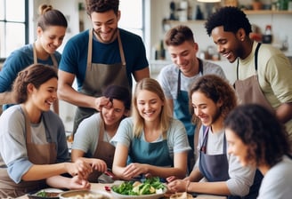 A group of children and adults are gathered around a long table, each preparing and assembling pizzas. The focus is on the many small hands working with dough and toppings. The scene suggests a fun and collaborative cooking activity.