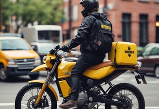 A GrabFood delivery person wearing a green uniform and helmet is riding a motorbike in a busy urban street amid traffic. The rider has a large insulated delivery bag on their back that features the GrabFood logo.