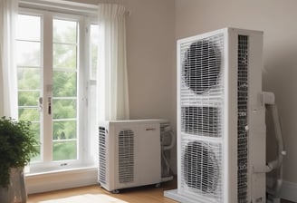 A white air conditioning unit is placed outside against a wall which is partially in shadow. Some branches with leaves are visible emerging from behind the wall. The background features a modern facade with vertical piping and a wire mesh design.