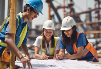 A construction site with a large, metallic building featuring the CSCEC logo and Chinese characters on it. Surrounding the building are tall apartment complexes in the background. Signs are visible, including one indicating an exit with English and Chinese text, and several informational signs in Chinese.