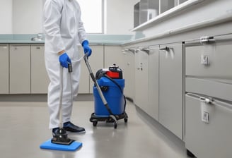 A group of people inside a room engage in cleaning or maintenance activities. One person sweeps the floor with a broom while others stand and observe, smiling or gesturing. The room has wooden structures and a child rests on a bed nearby.