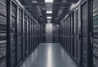A room filled with sleek black server racks, arranged neatly in rows. The servers are part of a data center with visible structured wiring and ceiling cable trays. Bright overhead lighting illuminates the space, adding to the modern high-tech environment.