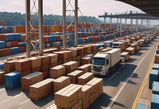 A large industrial storage yard filled with colorful shipping containers and trailers. The containers are stacked and aligned in rows, displaying various brand logos and colors. There are few vehicles parked nearby, and the area seems to be used for logistics or transportation purposes.