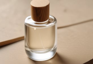 Two elegant glass perfume bottles with gold lids are standing side by side on a wooden surface. Each bottle is adorned with a leather strap around the neck, one in white and the other in tan. A small pink rose and some greenery serve as a decorative background, adding a touch of delicacy to the scene.