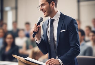 A person dressed in an academic gown and sunglasses is standing behind a podium covered with numerous microphones featuring various logos and labels. The background displays the word 'COMMUNICATION' in colorful letters.