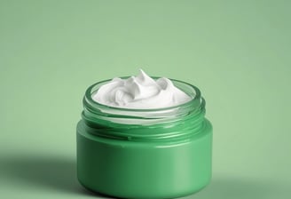 A green cosmetic jar with a minimalist design, featuring the letter 'C' prominently on its front. The jar appears to be floating against a solid green background, creating a sense of simplicity and elegance.