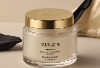 A small, transparent cosmetic jar with a golden lid, positioned in the center against a plain white background. The jar contains a cream and has black text on it detailing the product's name and features.
