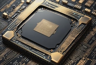 A 3D rendering of a microchip with the letters 'AI' prominently displayed on its surface, set on a d
