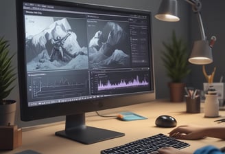 A computer monitor displaying video editing software with a burning flame on the screen. The setup is in a dimly lit room with a wooden desk, keyboard, and window in the background. There are photographs hanging on the wall.