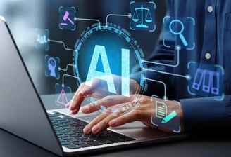 a person using a laptop computer with a large image of a person holding a laptop