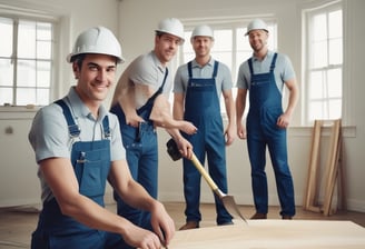 A two-story house under renovation with new brickwork being added. A black tarp covers construction materials in the foreground, surrounded by wood and other building materials. The house features a light brown exterior with two windows on the upper floor, white-framed doors, and a partially completed extension on the ground floor.