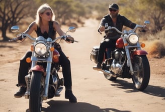 a man and woman riding on motorcycles on a dirt road