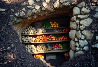 A rustic root cellar partially buried into the hillside with shelves of food.