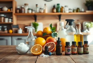 A wooden table with an assortment of natural cleaning products.