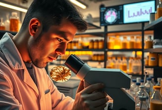 A researcher examines a magnified sample of licorice root under a high-powered microscope