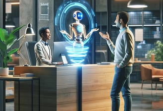 a man standing in front of a desk with a robot