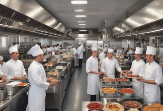 A well-prepared dining table featuring a gourmet dish with a piece of meat served on a bed of yellow grains, garnished with asparagus and a sauce swirl. There are two glasses of white wine, a bottle of olive oil, a basket of sliced bread, and a side salad in a bowl. The setting is warmly lit, creating a cozy and inviting atmosphere.