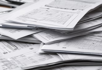 A tax form labeled Form 1120 sits on a wooden table. A black pen rests on the form, and a gray zippered pouch is partially visible beside it.