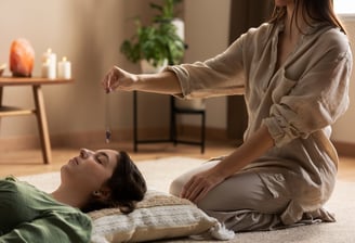 a woman is sitting on a pillow and a woman is holding a knife