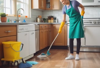 a woman in a green apron and yellow gloves cleaning a kitchen