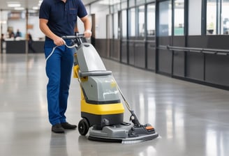 A sunlit patio with terracotta tiles is adorned with cleaning equipment, including a wet and dry vacuum, containers of cleaning solutions, and a pressure washer. A portion of a white car is visible near a hedge-lined driveway, while lush green vegetation and a manicured lawn provide a backdrop.
