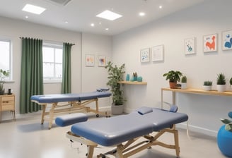 Two feet are propped up against a white towel, with foam separators between the toes. The background features a modern stool with a beige, curved seat on a metal base, set against a light-colored wall.